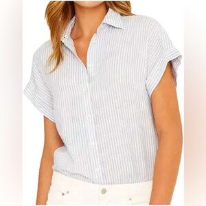 Lauren Ralph Lauren Blue White Striped Linen Button Short Sleeve Shirt Womens XL
